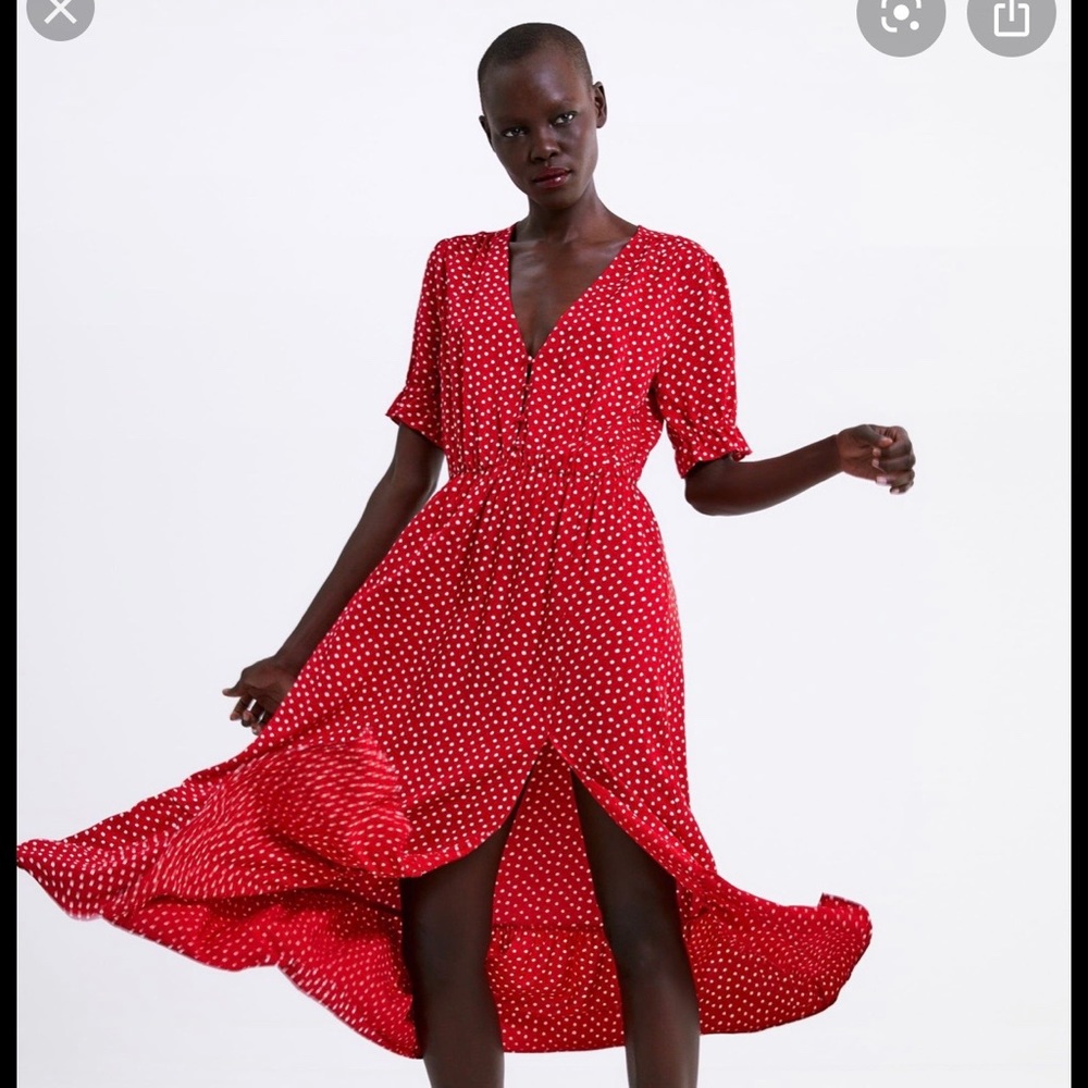 Zara red polka dot dress smocked top with tie at waist